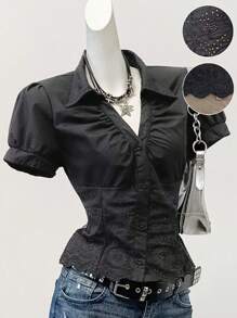 SHEIN EZwear 女式短款泡泡袖褶饰刺绣梭织衬衫 - 黑色 - 黑色 - 查看 4