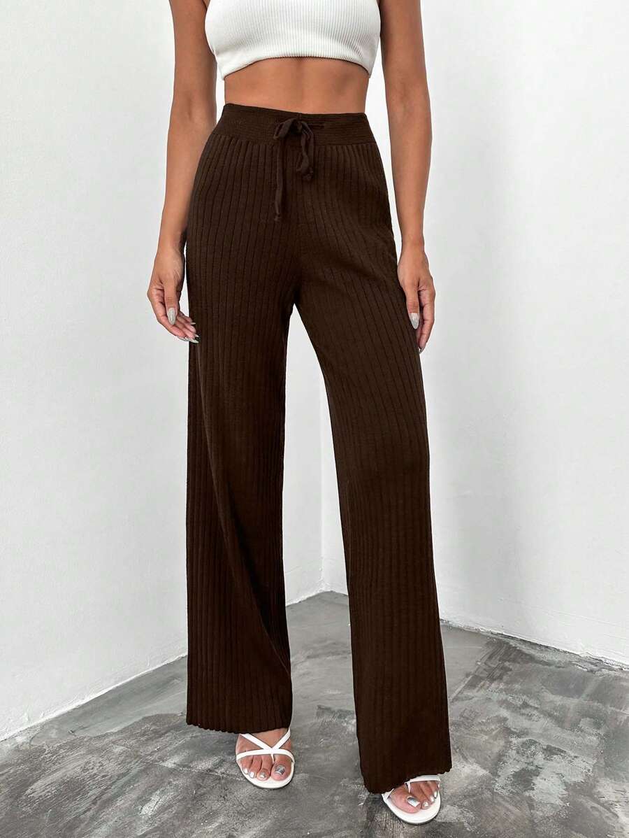 SHEIN Cottnline Women's Solid Color Ribbed Drawstring Waist Knit Pants,Burgundy Trousers - Brown - View 1