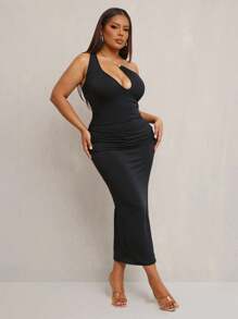 SHEIN SXY 大码女式纯色单肩褶皱修身优雅连衣裙，适合性感妩媚的职场女性、舞会、晚宴、情人节、邮轮旅行、通勤、商务、复古、派对、度假、外出、老钱风、层次丰富的场合、约会之夜、聚会、极简主义、生日、正式活动、辣妹风、伊比沙岛风、纳什维尔风、休闲、端庄、时尚、休闲、购物、街头风、外出等各种场合，凸显身材，修饰身形，适合教师穿着。 - 黑色 - 查看 11