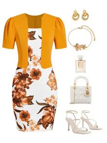 Ellevyn Damen Blumen-Muster elegantes Kurzarm-Kleid, Sommer Business Lässig Arbeitskleid, Ausgehoutfit