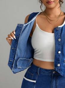 Elenzga Modische lässige ärmelloser Denim Jacke mit Perlendekor für Große Größen