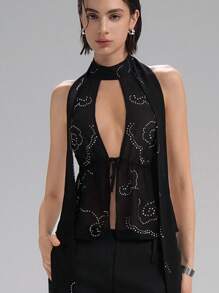 LYSMO Áo yếm không tay mùa hè mới 2025 dành cho nữ có trang trí cổ áo, thiết kế đính đá hở lưng, viền không đều, thời trang đường phố, táo bạo và cá tính - màu đen - Xem 3