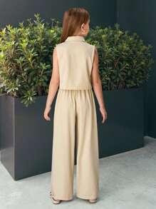 SHEIN Tween Girls Casual Khaki Vest Top And Leggings Set, Versatile For Commuting - Khaki - View 2