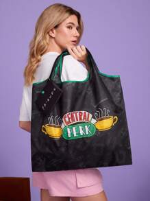 FRIENDS X SHEIN 1 pieza Bolsa de compras plegable de poliéster con estampado de taza de café, bolsa de totes, equipada con una bolsa de almacenamiento pequeña con una cadena de cuentas, que se puede colgar en un bolso, amigos, Central Perk