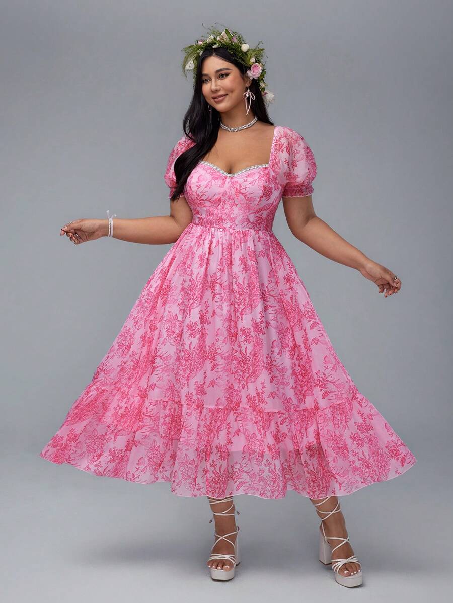 Flirla Plus Size Sweet Palace Style Puff Sleeve Elegant A-Line Dress - Multicolor - View 1