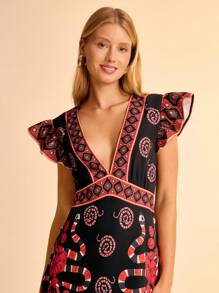 CAJUNI 女士度假波西米亚风蛇纹印花 V 领镂空后背盖袖 A 字迷你连衣裙，适合夏季假期 - 彩色 - 查看 1