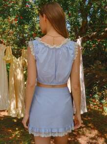 WESTFADE 100% 纯棉花卉蕾丝圆领蝴蝶结前褶边无袖短款夏季上衣 - 淺藍色 - 查看 4