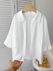 SHEIN Tween Girls Casual Solid White Loose Fitting Batwing 3/4 Sleeve Blouse - White - View 1