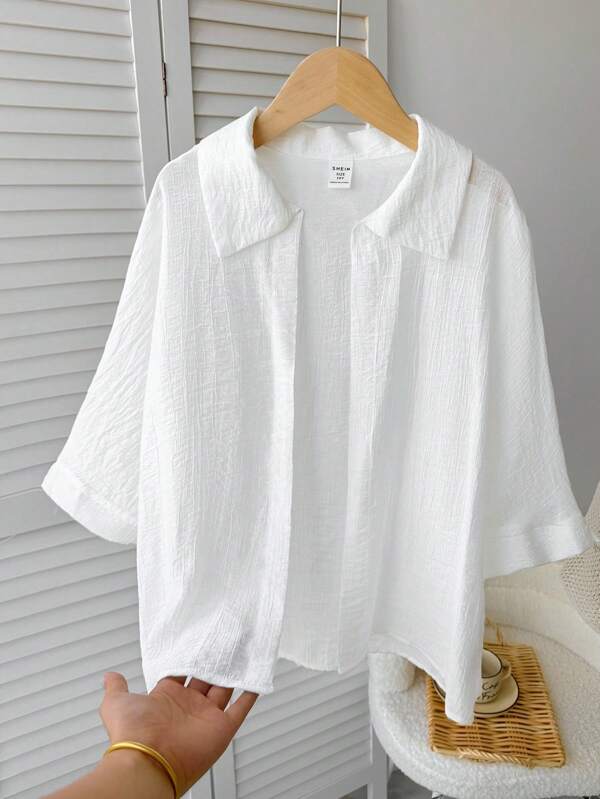 SHEIN Camicetta casual over da ragazza con manica a pipistrello 3/4, taglio morbido, colore bianco tinta unita