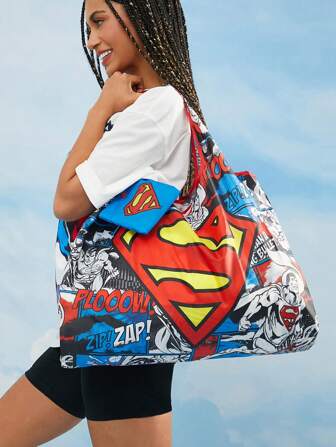 SUPERMAN X SHEIN 1pc Logo Pattern Printed Foldable Shopping Bag, Tote Bag, Includes A Compact Storage Pouch With A Beaded Chain, Can Be Hung On The Bag