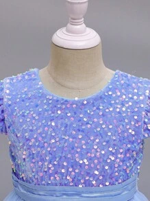 Abito da sposa per ragazza, abito lungo azzurro con perle e fiocco per l'estate, adatto per damigella, hostess di matrimonio o recital di pianoforte, stile di lusso e principesco con maniche corte - Blu - Visualizzare 7