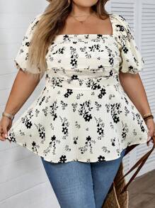 SHEIN CURVE+ Plus Size Women's Casual Printed Bubble Sleeve Waist Tied Shirt, Summer, Short Sleeved Top, Doll Shirt - Multicolor - View 4