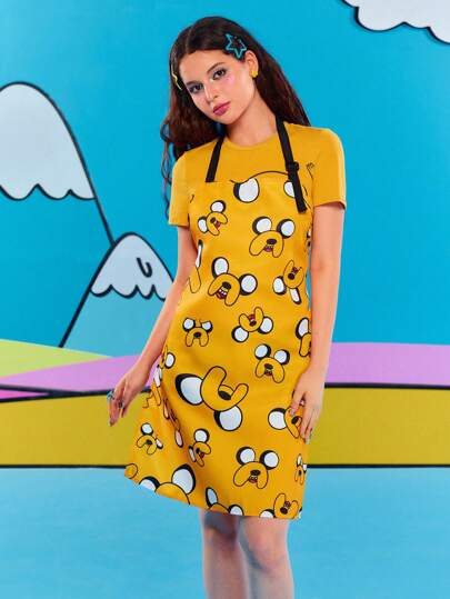 Adventure Time X ROMWE Cartoon Printed Fashion Yellow Apron