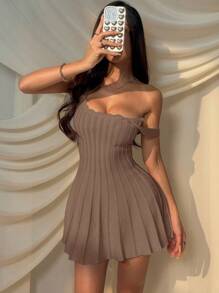 SHEIN EZwear 女式休闲卡其色针织毛衣裙