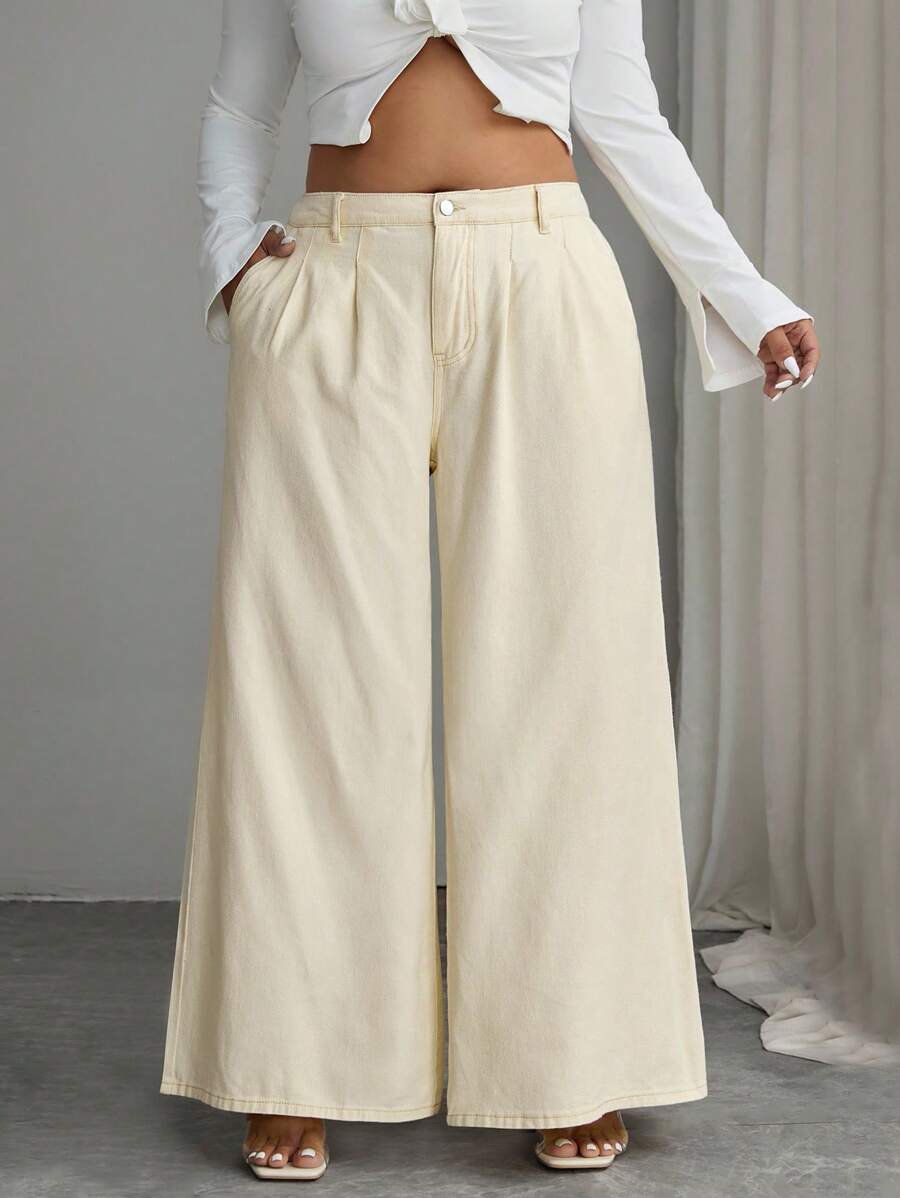EMERY ROSE Pantalones vaqueros de pierna ancha de color liso para tallas grandes - Albaricoque - Ver 1