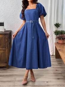 SHEIN LUNE Vestido jeans casual feminino com manga bufante, vestido de formatura de verão, vestidos casuais para mulheres, vestidos de aniversário para mulheres, roupas de cowgirl para mulheres, vestidos para mulheres, vestidos de verão elegantes para mulheres, roupas de trabalho, roupas para shows country, roupas de professora para mulheres - Lavagem Média - View 3