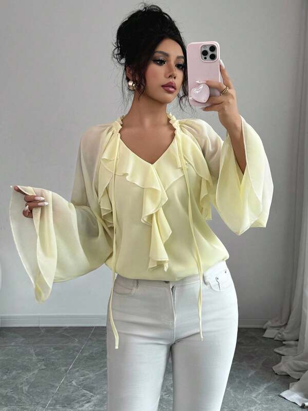 Elenzga Women's Solid Color Raglan Sleeve V-Neck Tie Waist Ruffle Blouse