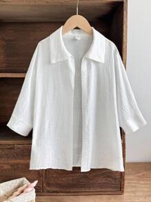 SHEIN Tween Girls Casual Solid White Loose Fitting Batwing 3/4 Sleeve Blouse - White - View 9