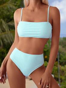 SHEIN Swim 女士随机条纹印花抹胸比基尼上衣和高腰比基尼下装套装，休闲海滩度假，春夏 - 藍白色 - 查看 6