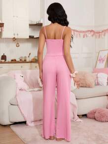 Conjunto de ropa de dormir romántica de encaje, floral y malla para mujer - Rosa - Ver 2