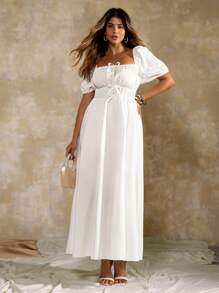 Flirla Plus Size French Romantic Square Neck Bowknot Lantern Sleeve Long Dress, Summer White Maxi Dress White Boho Dress White Square Neck Dress Puff Sleeve White Dress Lace Up White Dress