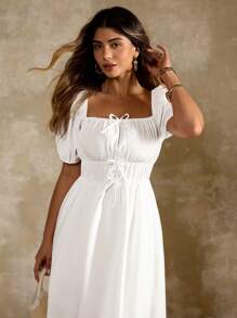 Flirla Plus Size French Romantic Square Neck Bowknot Lantern Sleeve Long Dress, Summer White Maxi Dress White Boho Dress White Square Neck Dress Puff Sleeve White Dress Lace Up White Dress