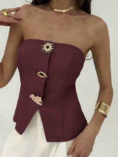 Aloruh 女士露肩金属纽扣装饰衬衫，适合办公室穿着