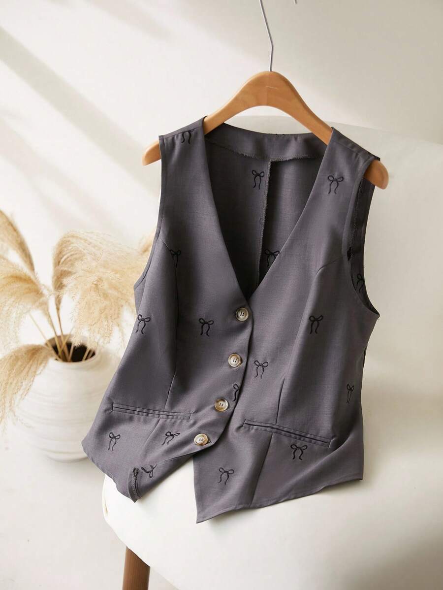 SHEIN Frenchy Plus Size Casual Commuting Bow Embroidered V-Neck Sleeveless Waistcoat Graduation,Back To School,Teacher In Fall/Winter - Grey - View 1