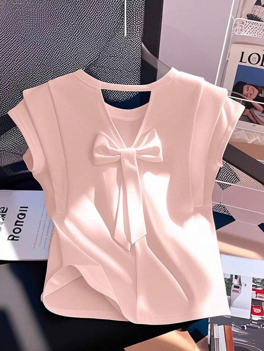 SHEIN Clasi Women's Solid Color Simple Bow Decor T-Shirt, Cute Top - Pink - View 1
