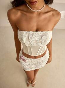 Vowa 2 件套优雅杏色螺旋花拼布缎面抹胸和紧身迷你裙套装，适合约会、度假、音乐节、下午茶、毕业典礼、婚礼、派对、舞会礼服