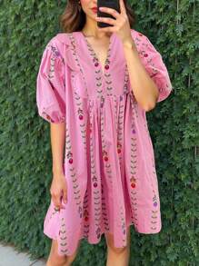 Chiquease 休闲花卉数码印花V领短袖连衣裙