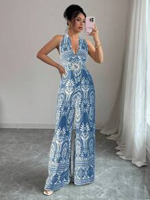 Elenzga Women's Boho Backless Romper, Casual Summer Beach Holiday Outfit, Off Shoulder Easter Ladies Jumpsuit - Blue - View 3