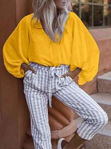 INAWLY 大码女式纯色V领灯笼袖宽松休闲衬衫 - 黃色 - 查看 3