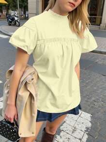 女士纯色翻领荷叶边休闲短袖衬衫，适合夏季 - 黃色 - 查看 1
