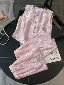 INAWLY 女士粉色刺绣纽扣上衣和裤子两件套 - 粉色 - 查看 3