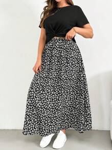 SHEIN Essnce Conjunto de dos piezas de verano para mujer talla grande, conjunto de manga corta, conjunto de falda estampada de dos piezas, conjunto casual y cómodo para mujer talla grande, ropa de mujer estampada, conjuntos de verano para mujer, conjuntos de salón para mujer, conjunto de dos piezas para vacaciones, conjunto de 2 piezas de verano, conjuntos de verano para mujer - Negro - Ver 4