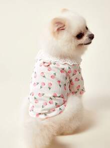 PETSIN 淡粉色可爱郁金香印花镂空荷叶边设计休闲透气轻便夏季衬衫，适合外出和遛宠物