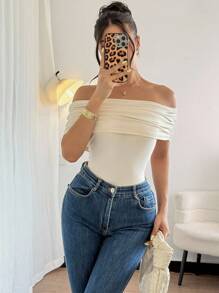 Rafferiza Body elegante de verano para mujer con hombros descubiertos, cintura con cordón y bajo recto, silueta estilizadora - Albaricoque - Ver 3