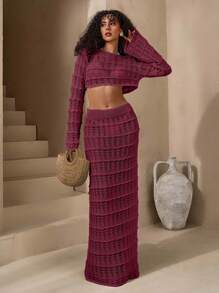 SHEIN Tall 2pcs Set Casual Hollow Out Long Sleeve Top & Skirt - Dusty Pink - View 5