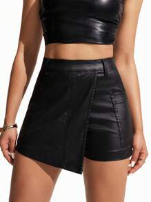 SHEIN ICON Women's Black Coated Elastic Waist Elegant Mid-Rise Pencil Skort With Belt - Black - View 6