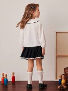 PrepCrw 少女校园风领蝴蝶结印花长袖衬衫 - 黑與白 - 查看 2