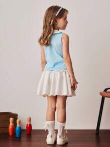 PrepCrw Kleine Mädchen Zweiteiler im Farbblock Design mit ärmelloser Bluse und Mini-Rock, Preppy Stil - Blau-Weiß - Übersicht 4