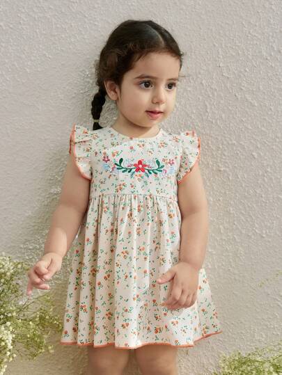 Blossori 女宝宝乡村度假橙色花卉刺绣荷叶边袖连衣裙