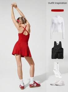 GLOWMODE Quick-Dry Sweat-Wicking Built-In Cups Square-Neck Dress With Built-In Shorts Side Pockets Non-Slip Grips Tennis Golf Gym Daily Casual
