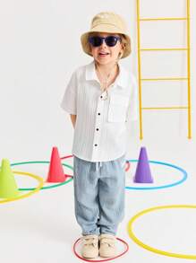 SHEIN Young Boy Loose Casual Minimalist Comfortable Turndown Collar Utility Pocket Decorated Short Sleeve Shirt - White - View 1