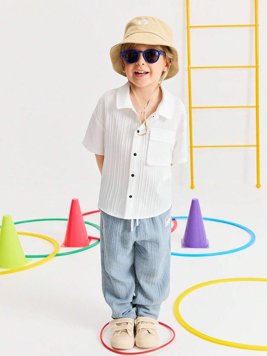 SHEIN Young Boy Loose Casual Minimalist Comfortable Turndown Collar Utility Pocket Decorated Short Sleeve Shirt - White - View 1