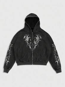 ROMWE MEN Goth Men's Print Zip-Up Drawstring Hoodie Sweatshirt With Sherpa Lined, Fall