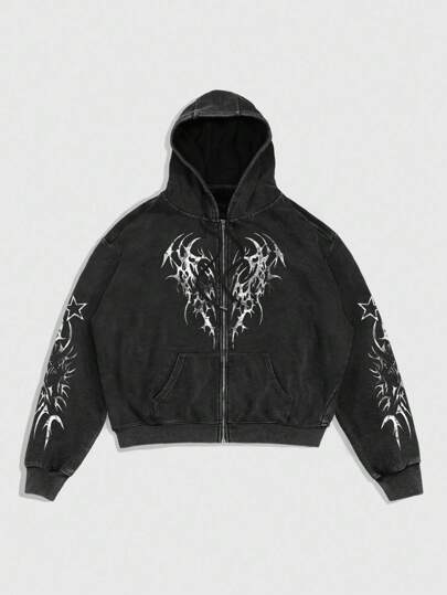 Goth Felpa con cappuccio e chiusura lampo, con coulisse, con fodera in sherpa, per uomo, autunnale