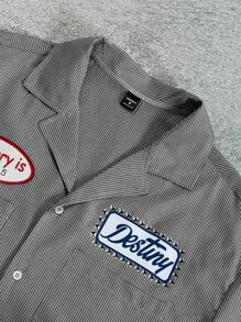 PAVTROS 2 件套男士休闲条纹字母印花短袖衬衫和短裤套装，夏季，时尚休闲，街头服饰，学院风单品，百搭翻领纽扣衬衫，适合送给男朋友的礼物，男士街头潮流衬衫，复古 T 恤男士 2 件套男士短款套装男士度假短款套装条纹短款套装男士