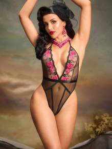 SHEIN 花卉刺繡網眼領口性感連體背心